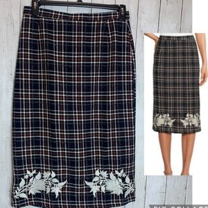 FANM MON TWEED PENCIL SKIRT PLAID L EMBROIDERED FLORAL DARK NAVY TWEED FABRIC